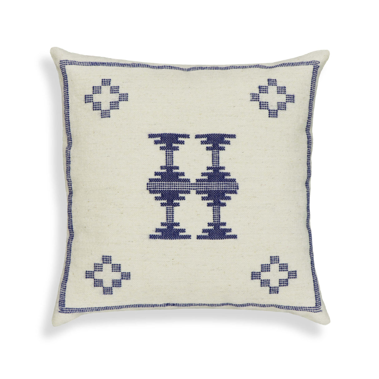 Aztec 20" Cream & Indigo Wool Square Accent Cushion Cover