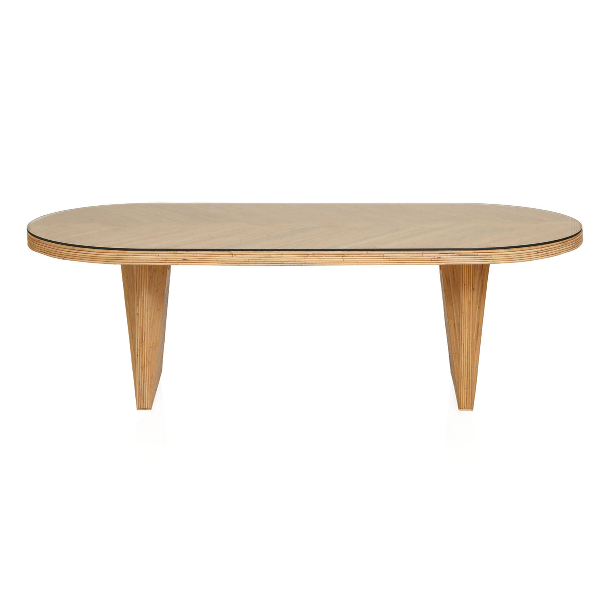 Caren 95" Natural Rattan and Glass Oval Dining Table