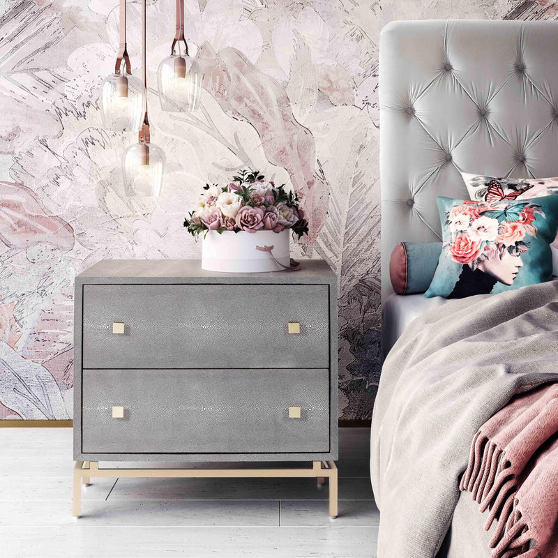 Pesce Shagreen Nightstand with Two Drawers & Brass Legs - Contemporary Glam in Cherry Wood Stain