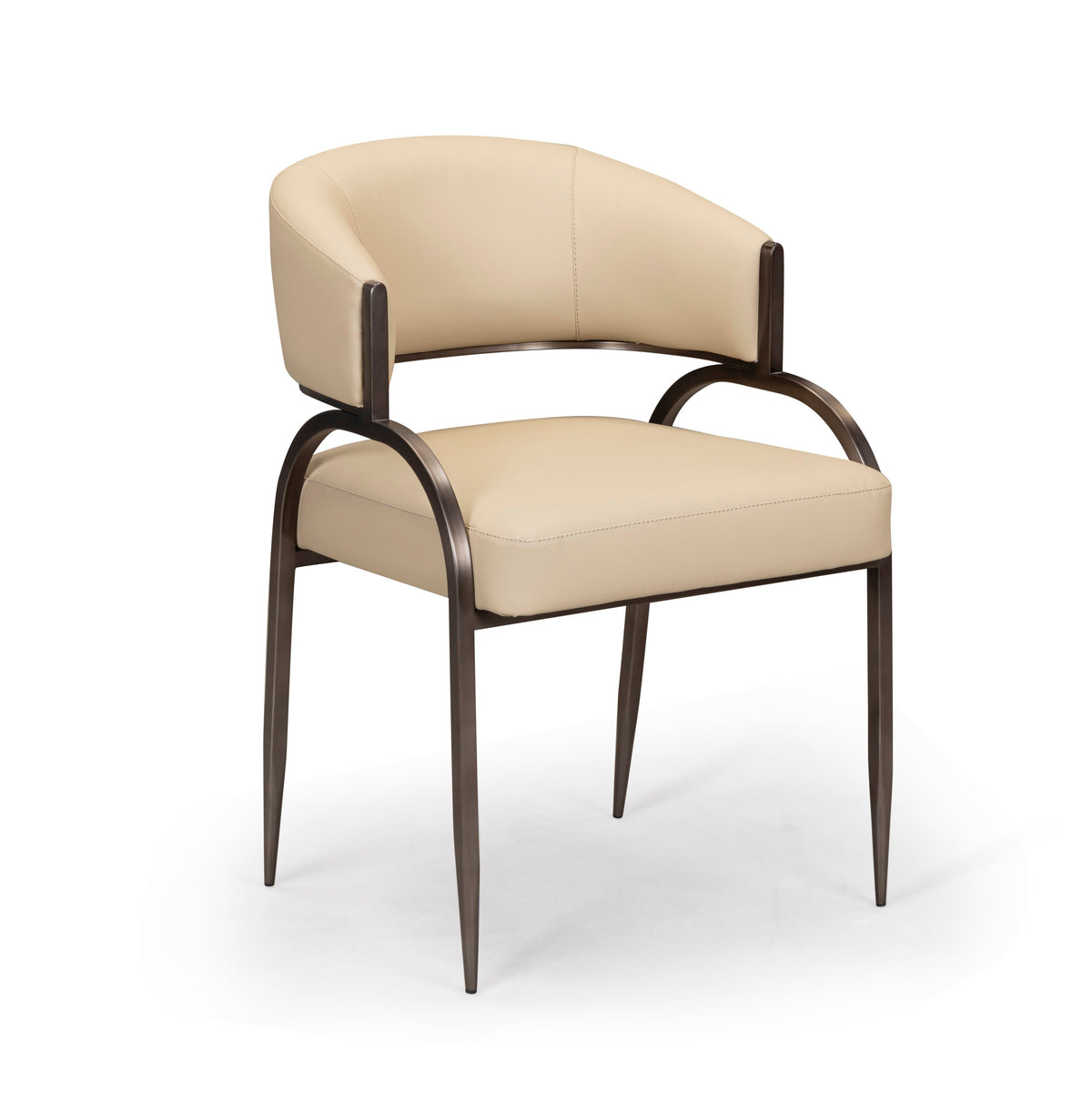 Front view of the Tatum Performance Vegan Leather Dining Chair in Taupe with black metal frame