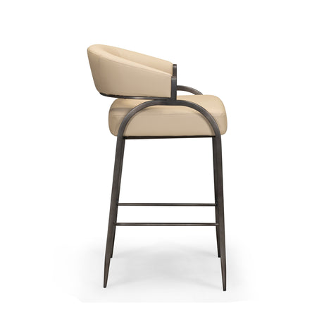 Detail view of precision welded matte black iron metal legs and built-in footrest