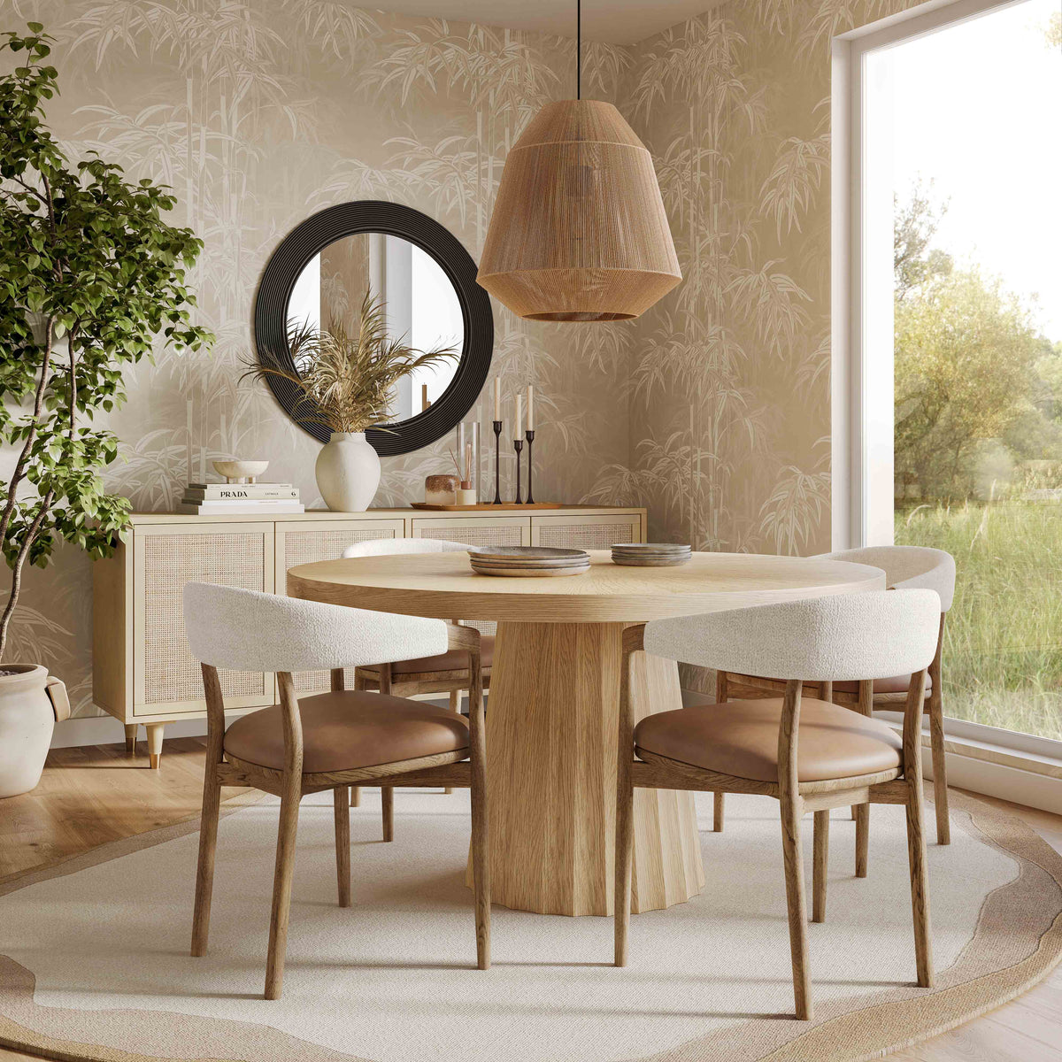Vina Cognac Performance Vegan Leather and Cream Textured Weave Dining Chair - View 2