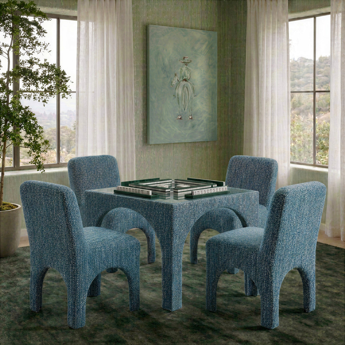 Architectural detail of fully upholstered arched leg structure on Tomlin chair