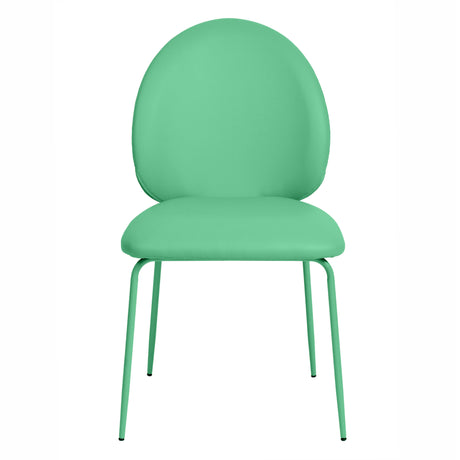 Close up view of green vegan leather upholstery texture on Lauren chair