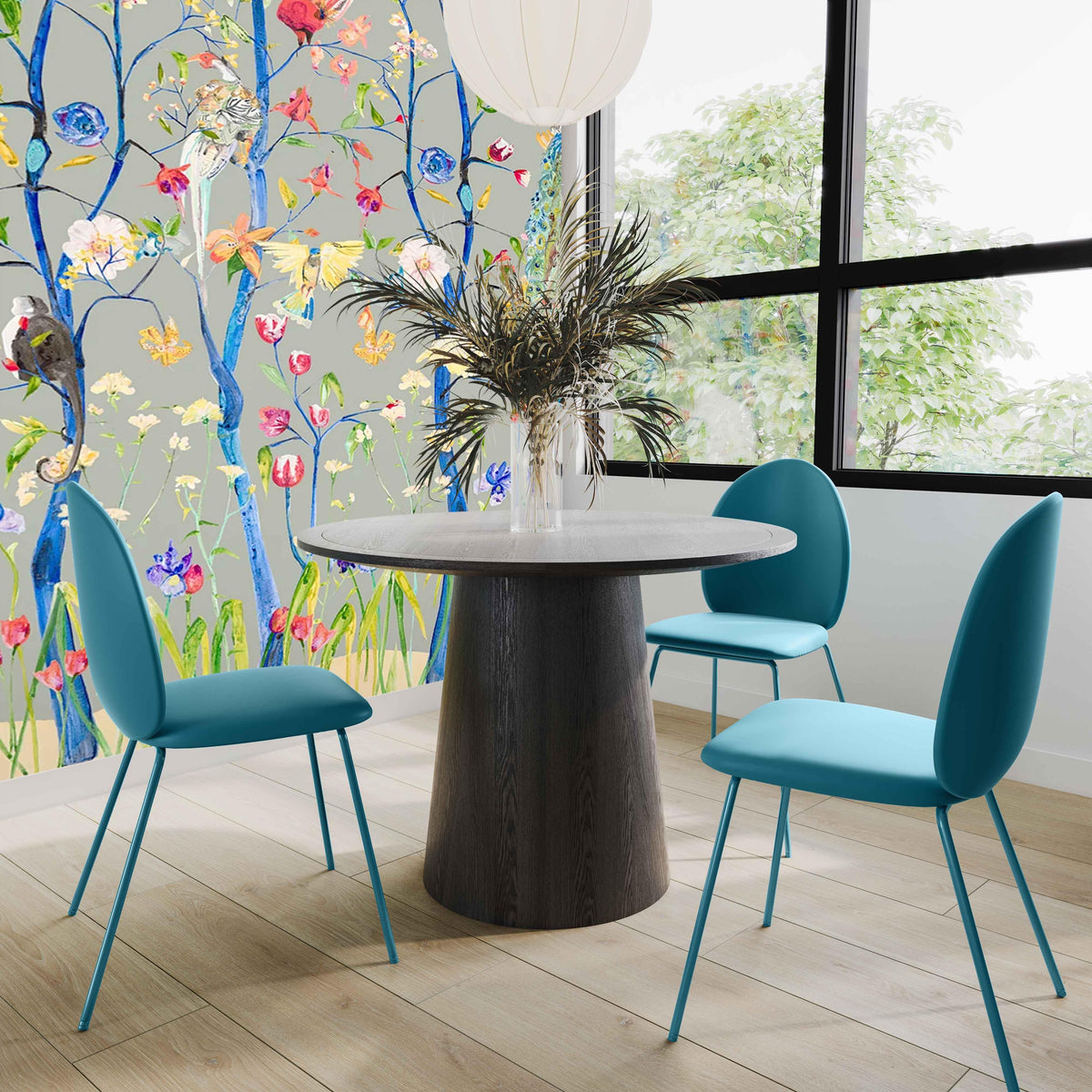 Minimalist retro-modern dining room setup featuring Lauren dining chairs