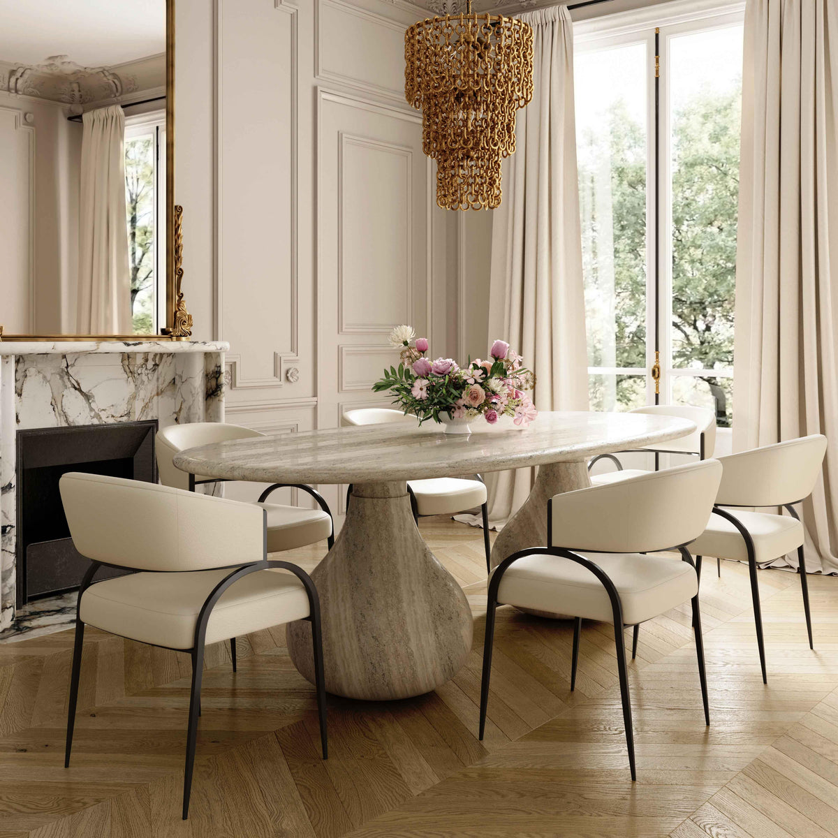 Tatum Performance Vegan Leather Dining Chair styled beside a contemporary dining table