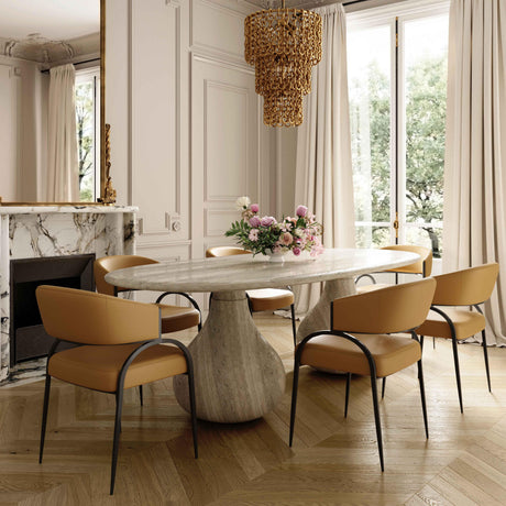 Three-quarter view of the Tan vegan leather Tatum dining chair with black iron framework
