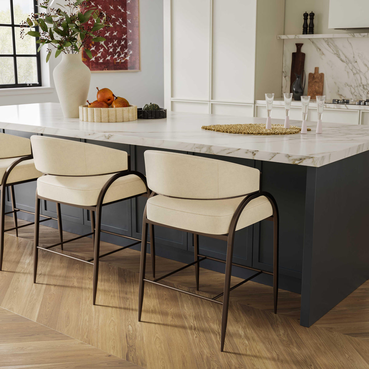 Cream vegan leather Tatum counter stool side view highlighting geometric iron frame