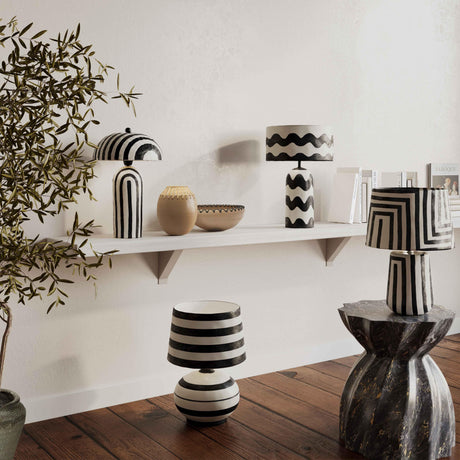 Maiori striped papier mache table lamp angled perspective showing bold silhouette