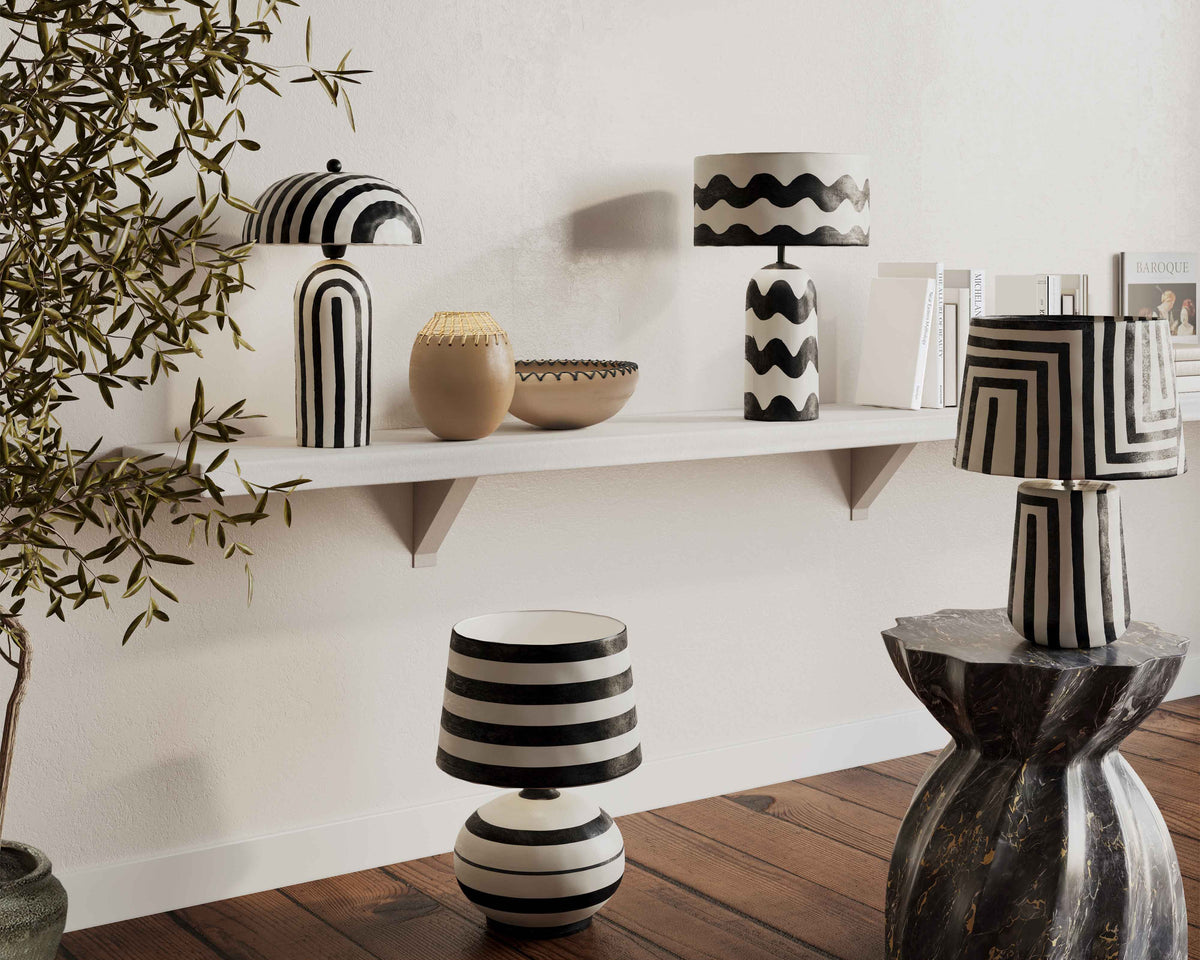 Maiori Black Striped Papier Mache Table Lamp