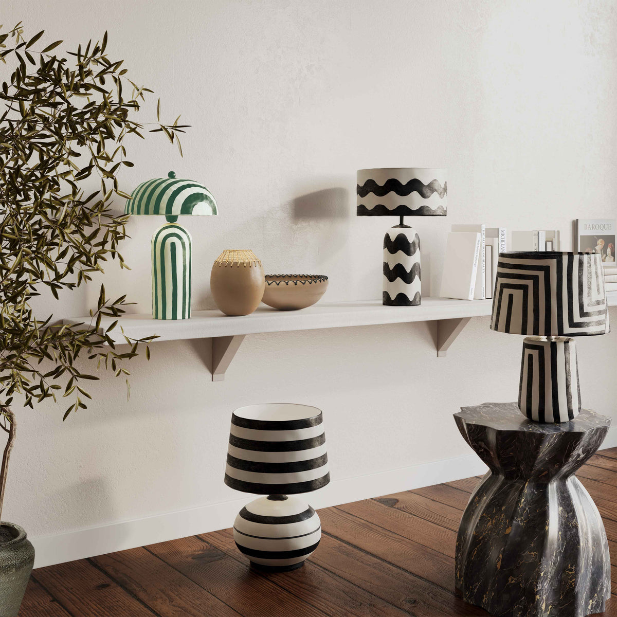 Maiori striped table lamp styled in eclectic home office workspace