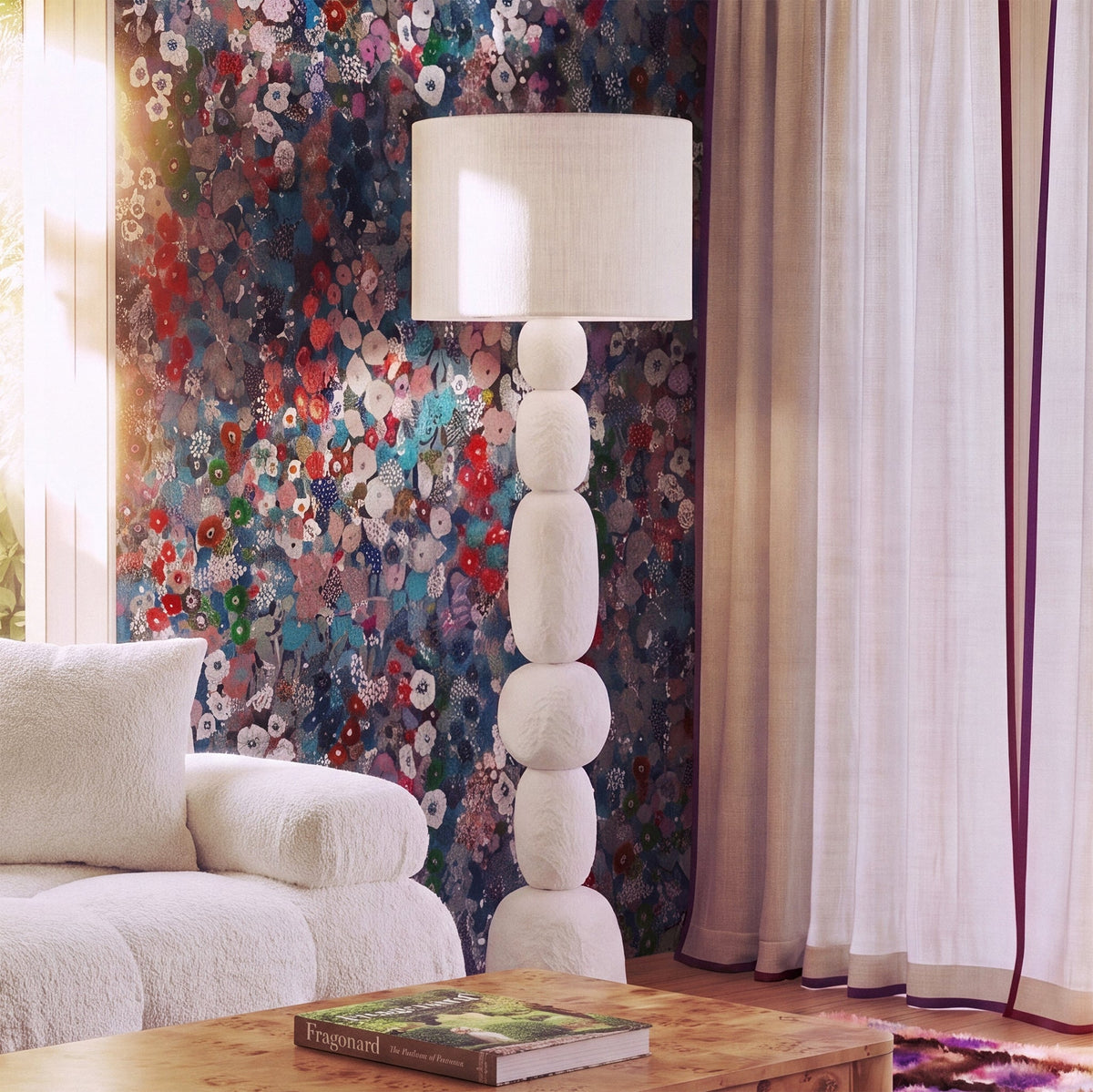 Pebble Cream Papier Mache Floor Lamp - View 1