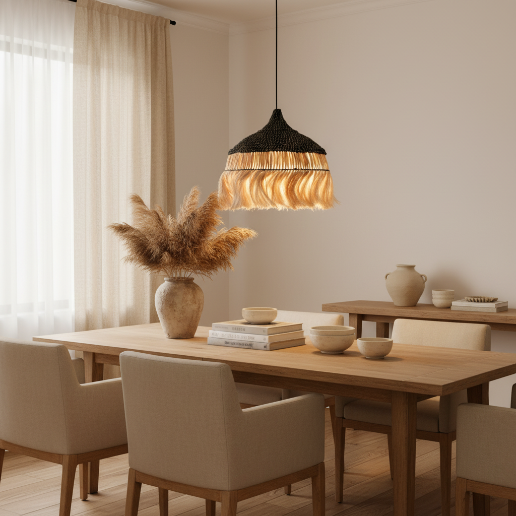 Sula Natural and Black Upcycled Abaca Pendant Lamp