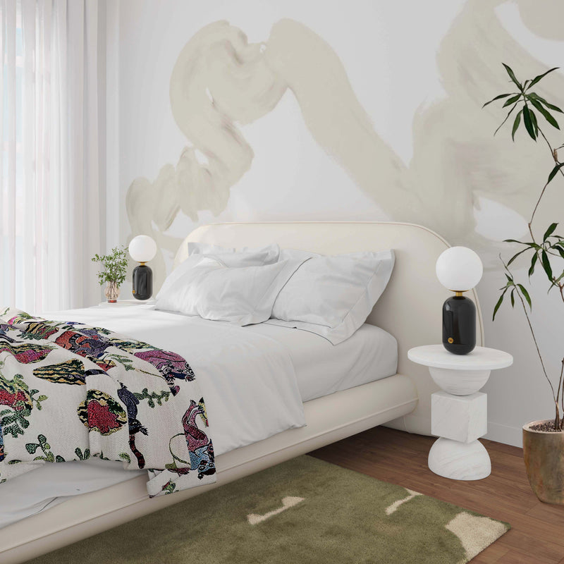 Liza Table Lamp with Frosted Glass Globe & Glossy Lacquer Metal Base - Modern Minimalist Accent Lamp