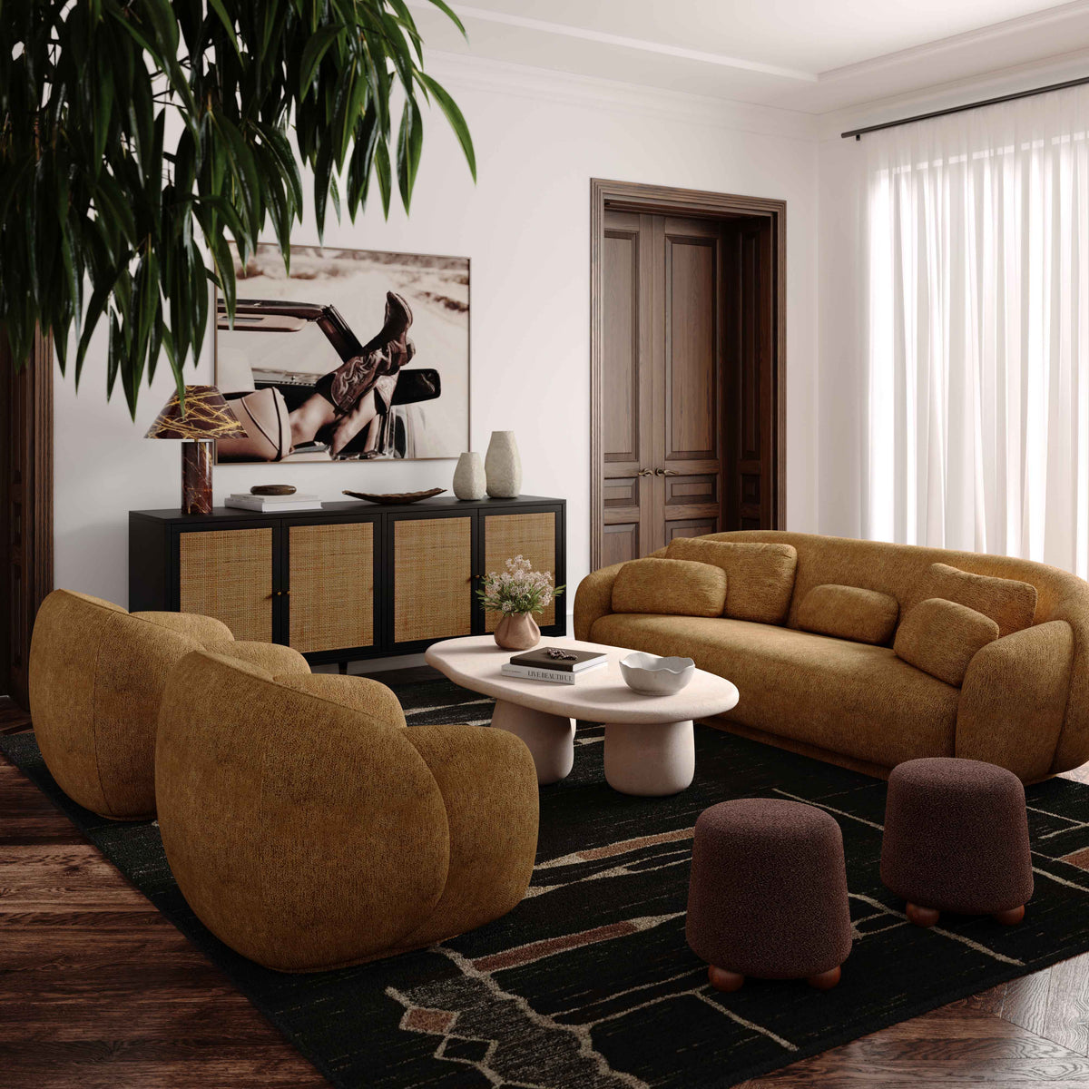 Misty Curved Sofa in Brown Fabric Three Quarter Studio Angle