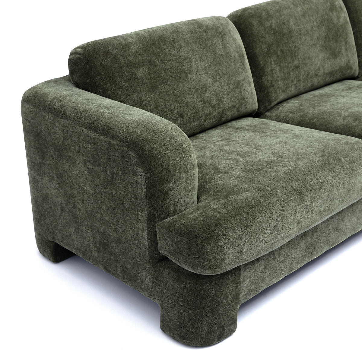 Seating comfort demonstration on Halsey low profile textured sofa