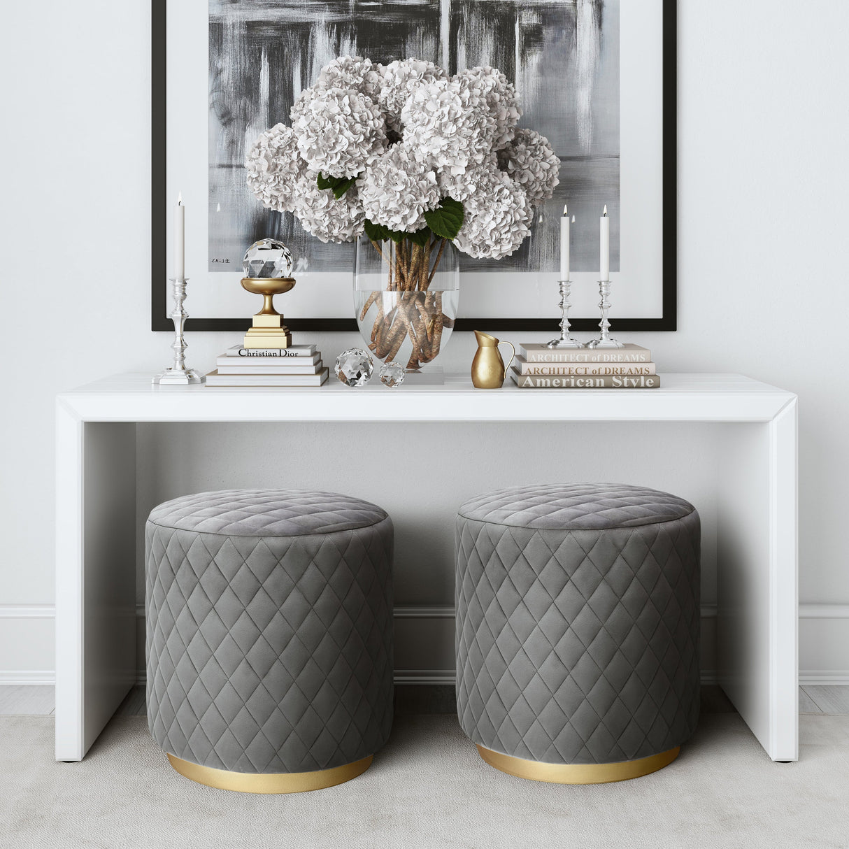 Abir Grey Velvet Ottoman