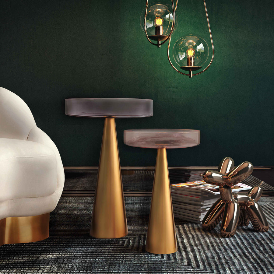 Alo Side Table with Transparent Pink Glass Top & Gold Conical Base - Modern Glam Accent Table