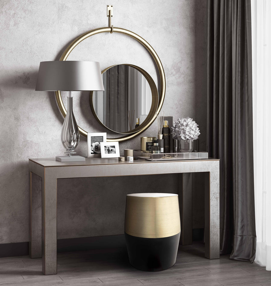 Jadran Stool with Grooved Gold Top & Black Iron Base - Modern Glam Accent Stool or Footrest