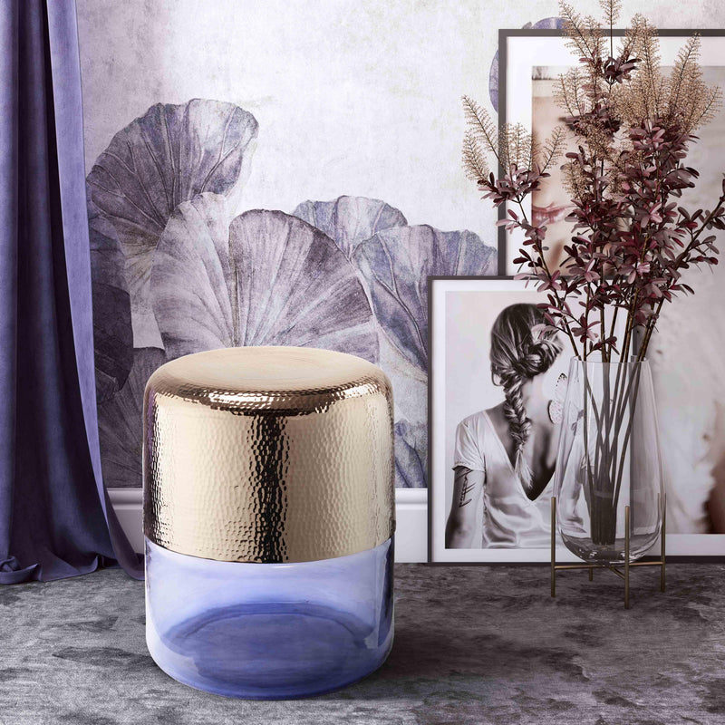 Kolla Side Table with Hand-Hammered Gold Aluminum & Translucent Glass Base - Modern Accent Table