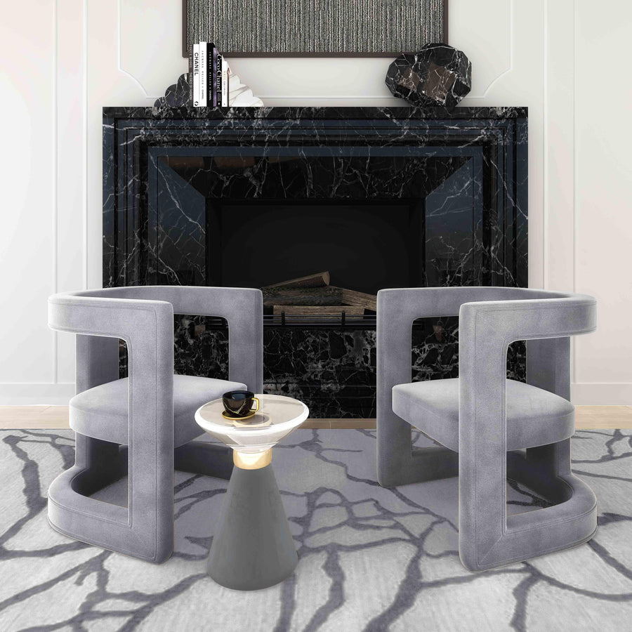 Aurora Side Table with Glass Top & Grey Velvet-Covered Hourglass Base - Modern Glam Accent Table