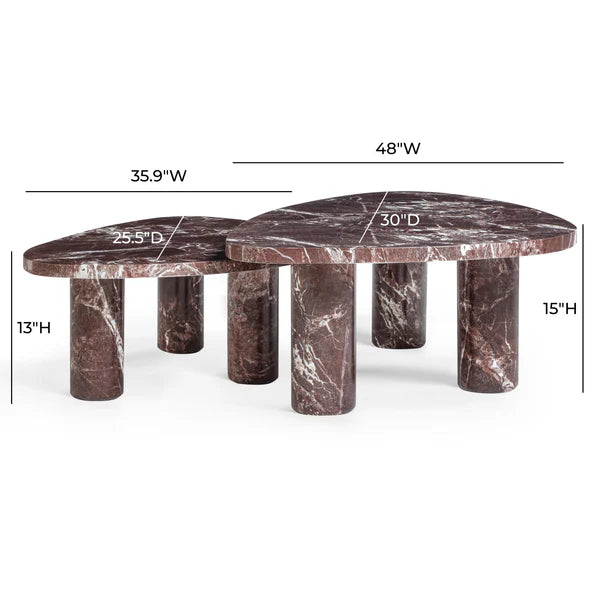 Libby 2-Piece Faux Red Levanto Marble Nesting Coffee Table Set dimensions