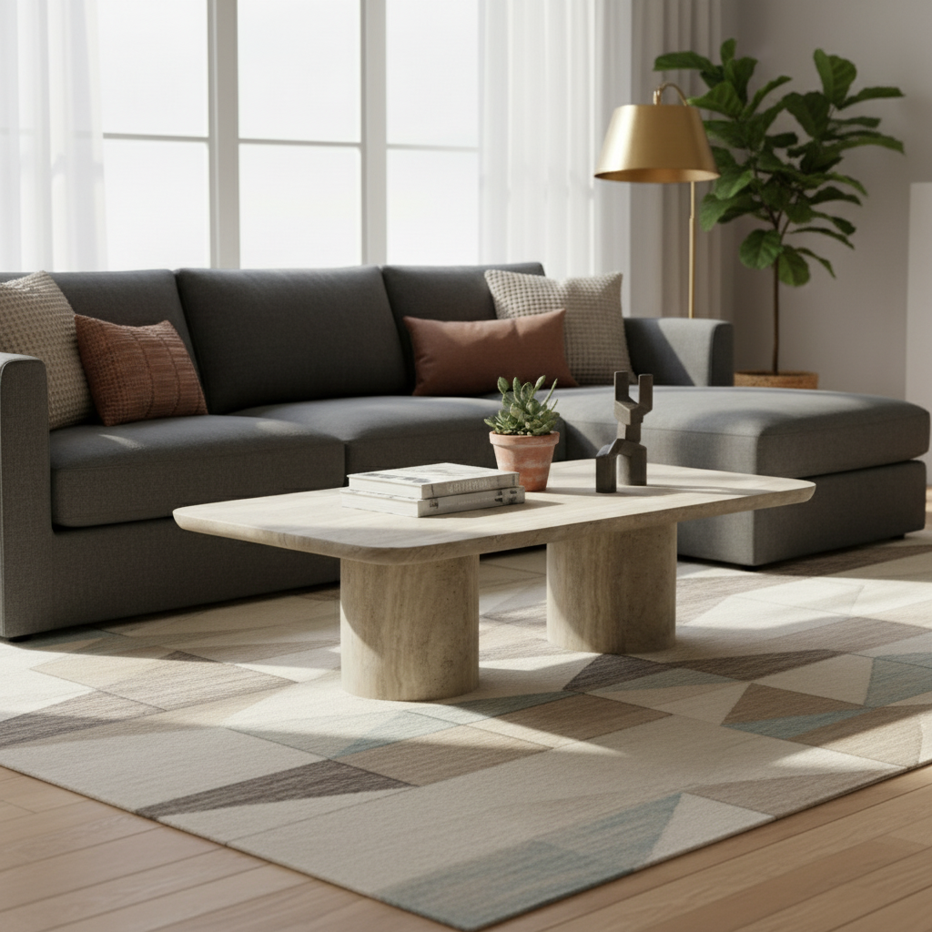 Tyche 55" Faux Travertine Indoor/Outdoor Concrete Rectangular Coffee Table