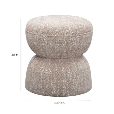 Tomlin Ruched Performance Fabric Game Ottoman in Beige styled in bright natural lighting