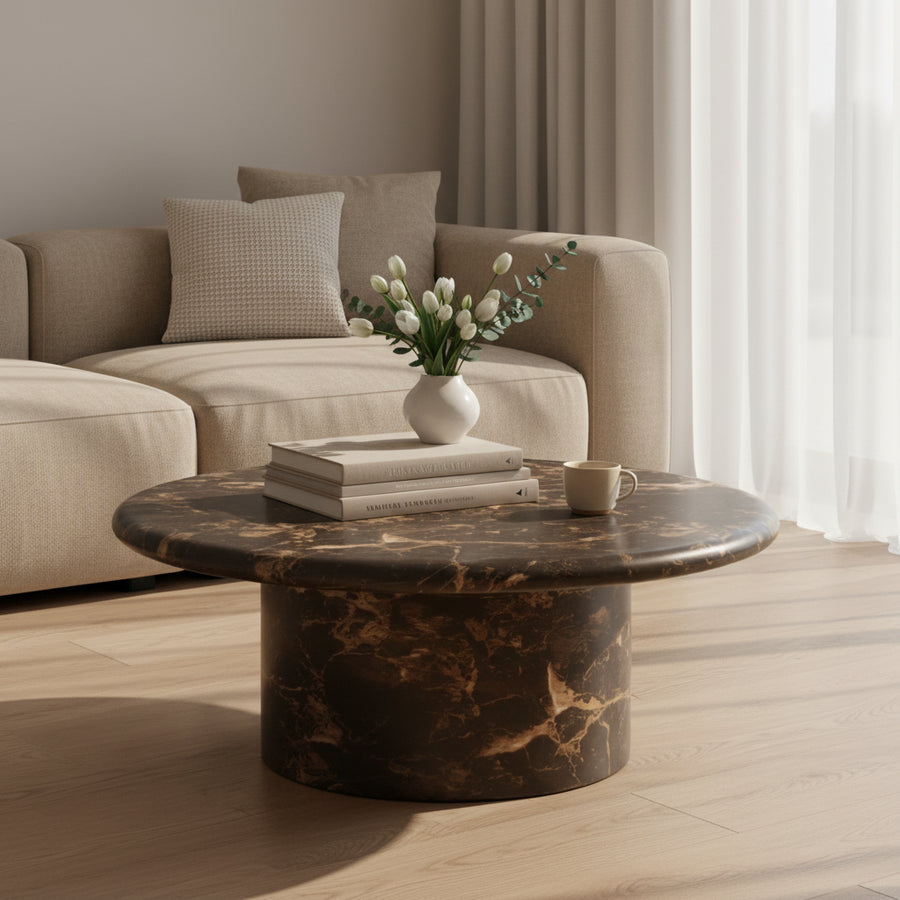 Byron 36" Dark Brown Faux Marble Indoor/Outdoor Concrete Round Coffee Table