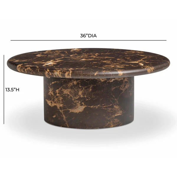 Byron 36" Dark Brown Faux Marble Indoor/Outdoor Concrete Round Coffee Table dimensions