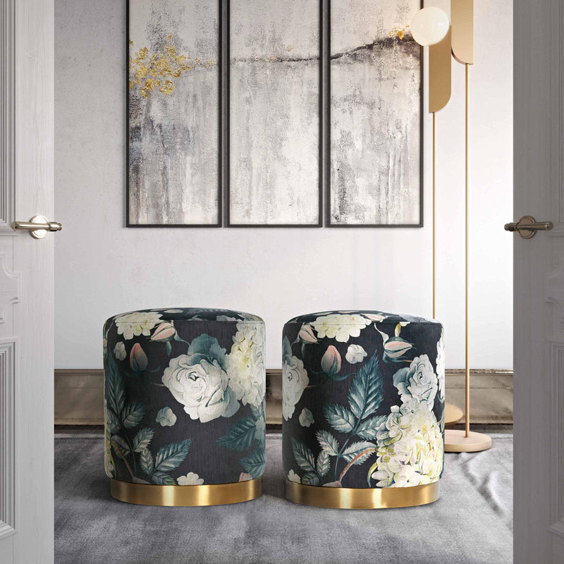 Opal Velvet Ottoman with Brushed Metal Base - Contemporary Glam Accent Stool in Multiple Colors