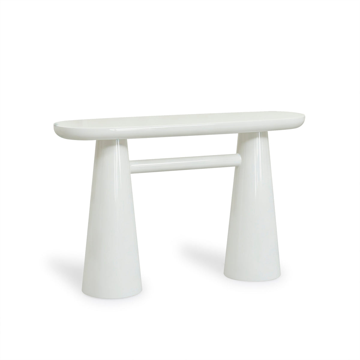 Baila cream console table angled perspective highlighting tapered pedestal legs