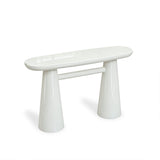 Detail view of rounded edges on Baila high-gloss lacquer console tabletop