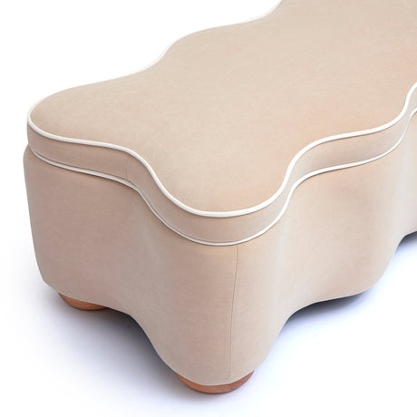 Thalia tan velvet storage bench with solid wood cylindrical legs