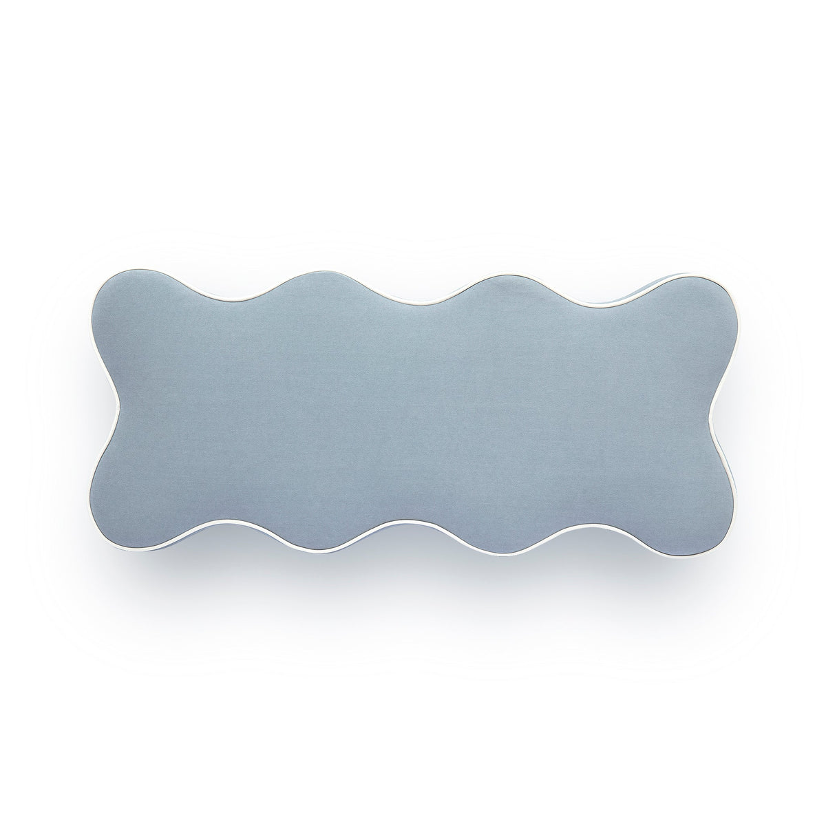 Detailed seam and scalloped cushion edge on blue Thalia bench