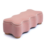 Pink Thalia storage bench with open lift-top lid showing internal capacity