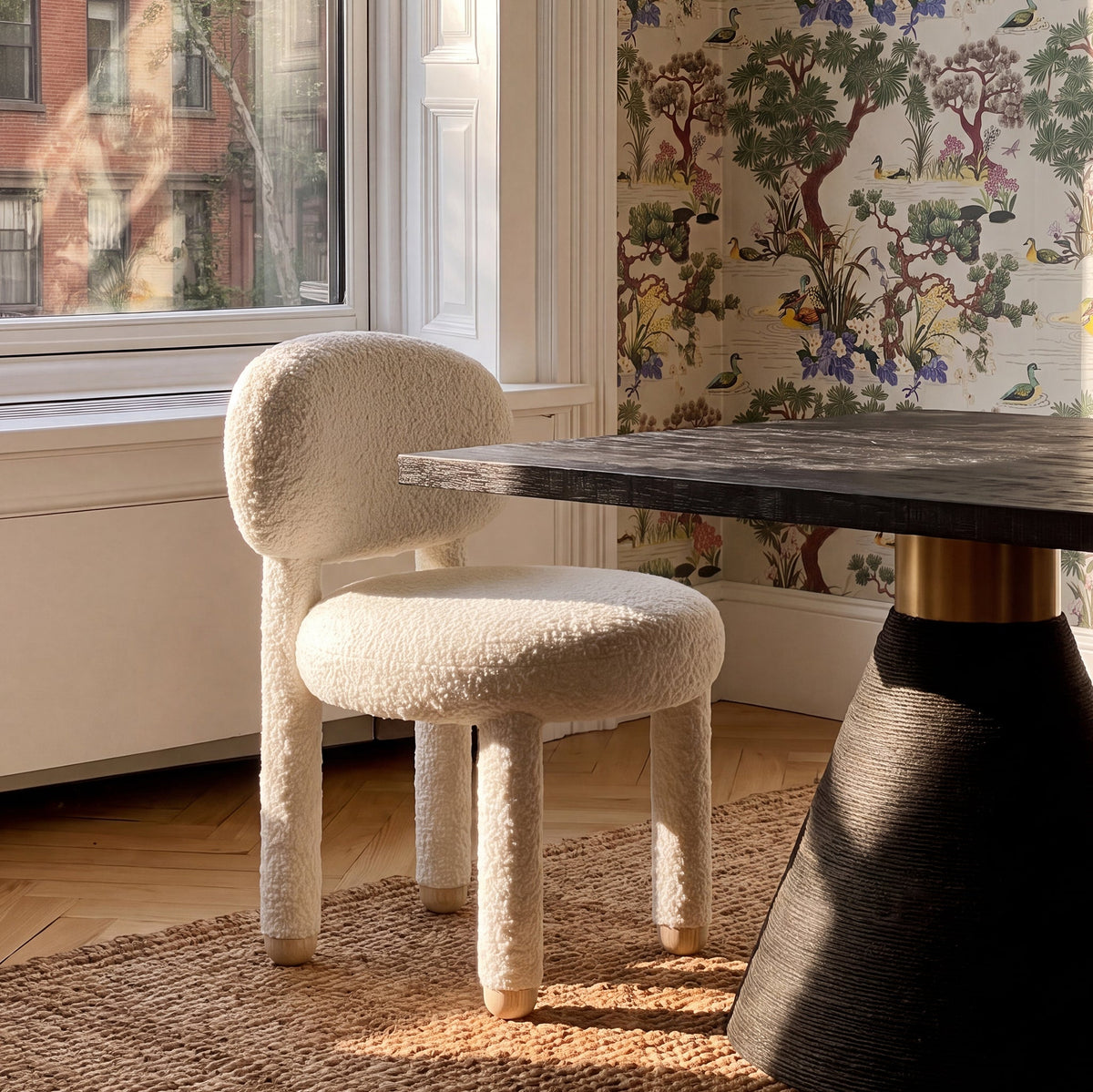 Manu Performance Fabric Side Chair styled beside a wooden modern dining table