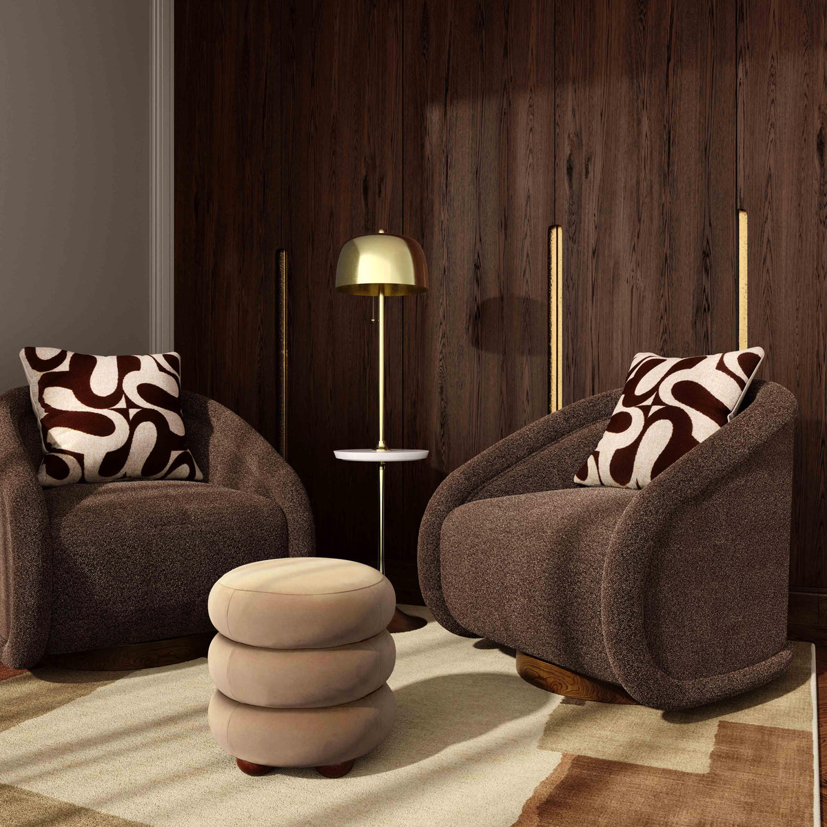 Rory Chocolate Brown Boucle Swivel Chair with rounded textured profile for a warm modern living room