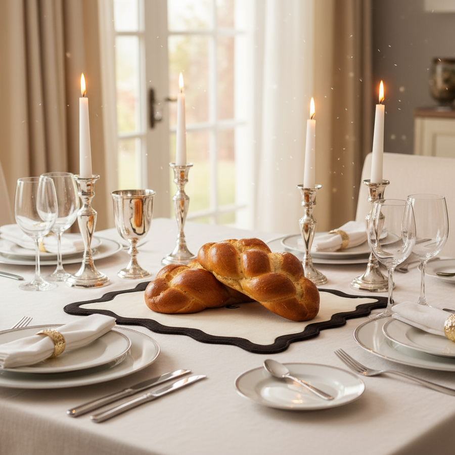 Wavy Challah Cover with Scalloped Design & Shabbat Lettering - Linen-Cotton Blend with Vegan Leather Back