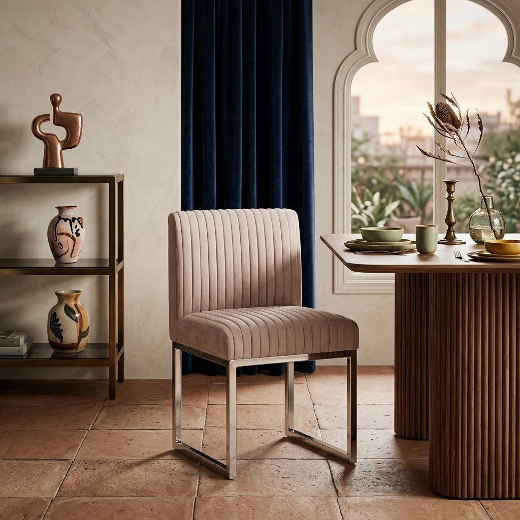 Pensel Upholstered Dining Chair with Polished Stainless Steel Frame - Art Deco & Modern Dining Seating