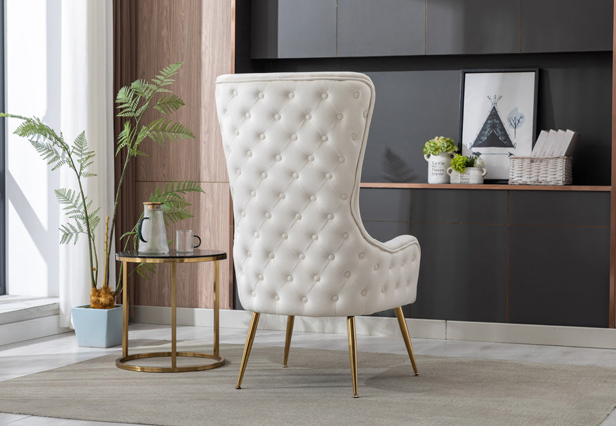 Top-down view of the cushioned seat of the white fabric armchair.