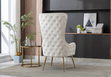 Top-down view of the cushioned seat of the white fabric armchair.
