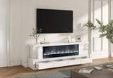 Contemporary fireplace TV console featuring wireless charging surface and Bluetooth speakers