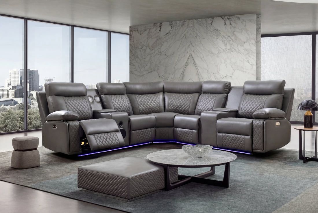 Ambient LED lighting activated on contemporary leather sectional