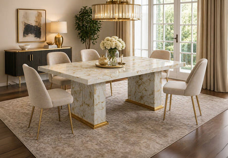 Valencia Marble Dining Table with glossy finish and gold veining