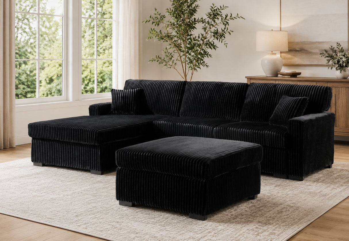 Full view of the L-shaped Georgia sectional and ottoman set showing the modular layout and modern profile.