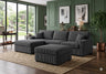 Modern black corduroy sectional with matching square ottoman in a clean-line living room setting.