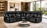 Close-up view of contemporary black leather reclining sofa seating and padded headrests