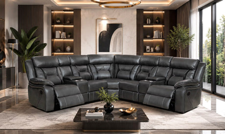 Pamela L-shaped reclining sectional in premium black leather with integrated chaise and cupholders