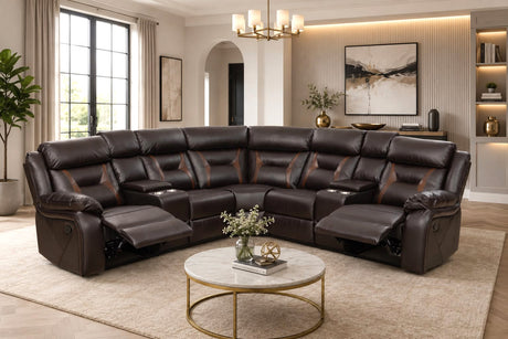Modern black leather sectional with built-in cup holders and reclining chaise for living room use